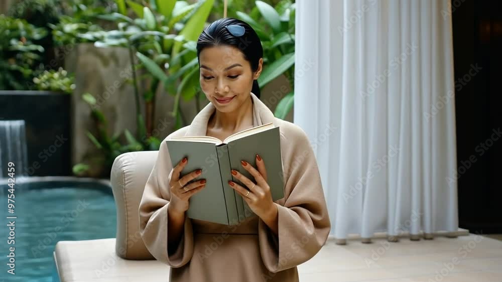 Poster woman in a spa robe reading by a serene poolside in a tropical setting generative ai