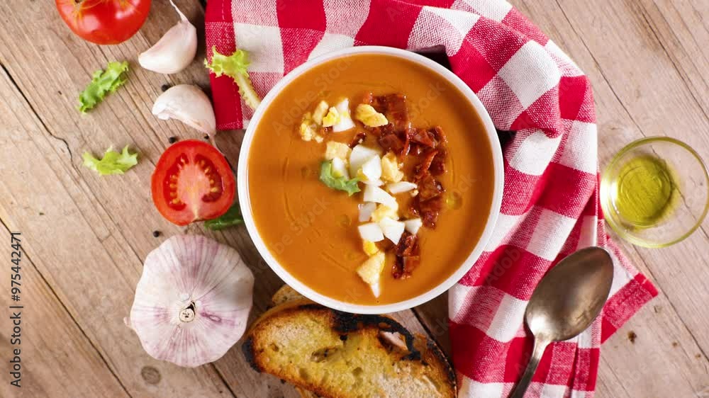 Wall mural bowl of salmorejo, top view