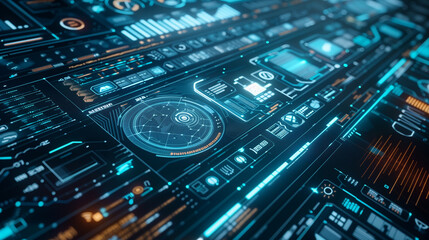 Fototapeta premium futuristic artificial intelligence based management technology visualization through augmented reality display of icons or layers of virtual data layouts