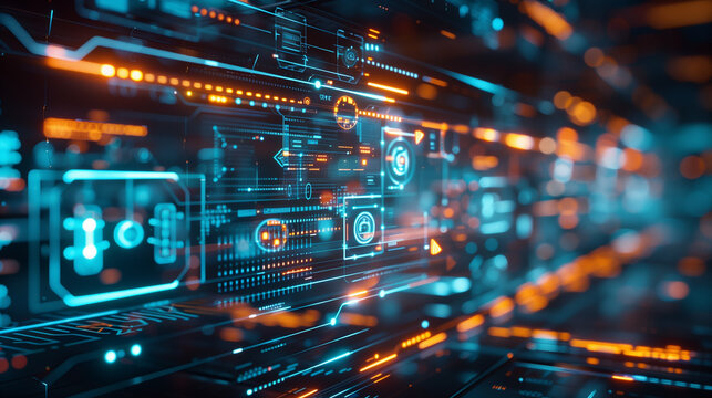 futuristic artificial intelligence based management technology visualization through augmented reality display of icons or layers of virtual data layouts
