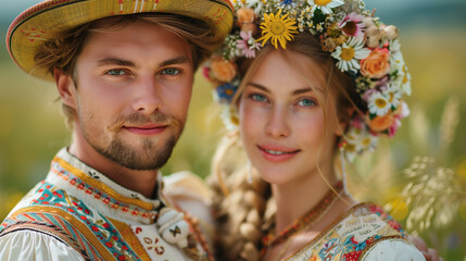 Portrait of Estonian Young Couple Standing together and Posing in Summer Grass Field, Wearing Traditional Vintage Dress, Showcasing Cultural Heritage and Tradition