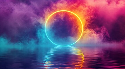 Obraz premium Neon circle with colorful smoke reflection over water, abstract art. Futuristic and digital art concept