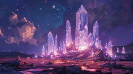 Fototapeta premium A surreal landscape with tall, glowing crystal structures against a starry night sky.