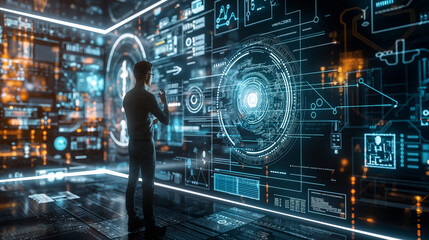 futuristic artificial intelligence based management technology visualization through augmented reality display of icons or layers of virtual data layouts