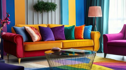 Bright rainbow living room with rainbow-colored furniture, pillows, and bold decor accents.