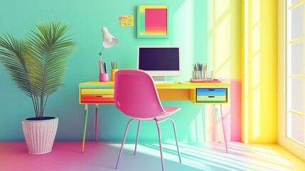 Bright rainbow office space with a rainbow desk, chair, and colorful decor elements.