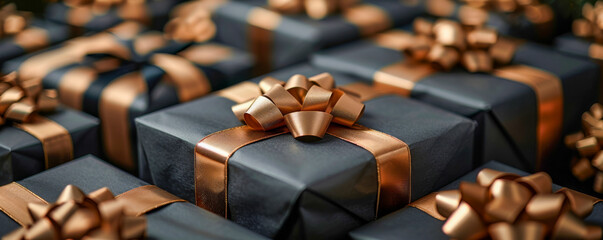 Fototapeta premium Elegant Black Gift Boxes with Golden Ribbons for Luxury Presentation