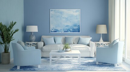 Calm blue living room with blue walls, blue furniture, and soft blue accents for a peaceful ambiance.