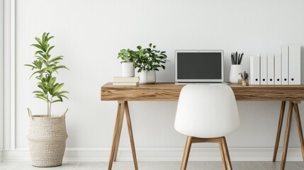 Crystal-clear shot of a minimalist home office setup, ergonomic chair, plant accent, 50 keywords