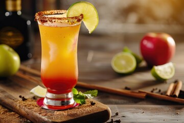 Fototapeta premium Apple pie Tequila Sunrise with apple pie spices and lime, served in a tall glass, cozy kitchen background, copy space