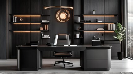 Contemporary black office space with a black desk, black chair, and black shelving.