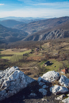 Scenic view of the landscape on a sunny day during early spring, photo taken from a cliff
