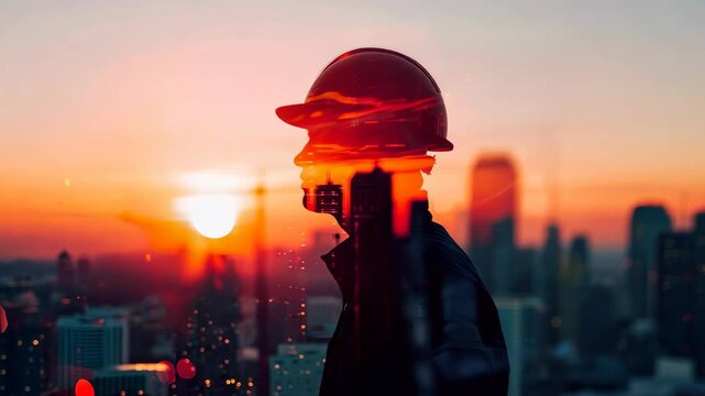 A silhouette of a construction worker in a hard hat against a vibrant sunset, blending warm hues with a city skyline, symbolizes dedication, progress, and urban development.