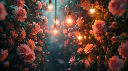 A whimsical floral archway adorned with glowing light bulbs, creating a magical and romantic ambiance.