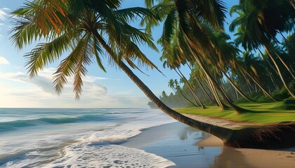 Tropical beach paradise with swaying palm trees embraced by the warm glow of the morning sun