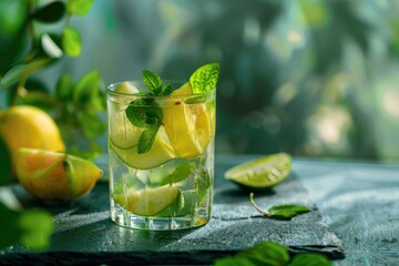 Bael fruit mojito with bael fruit slices and mint, served in a clear glass, Indian background, copy space