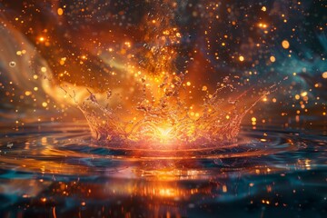 Obraz premium Abstract art depicting a fiery explosion in a swirling pool of water against a starry night sky.