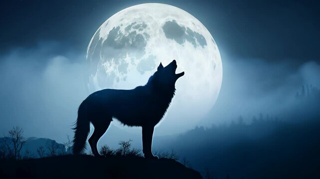 A stunning nocturnal a howling wolf silhouette against a bright full moon. Ethereal light illuminates the landscape, enhancing themes of wilderness and the night.