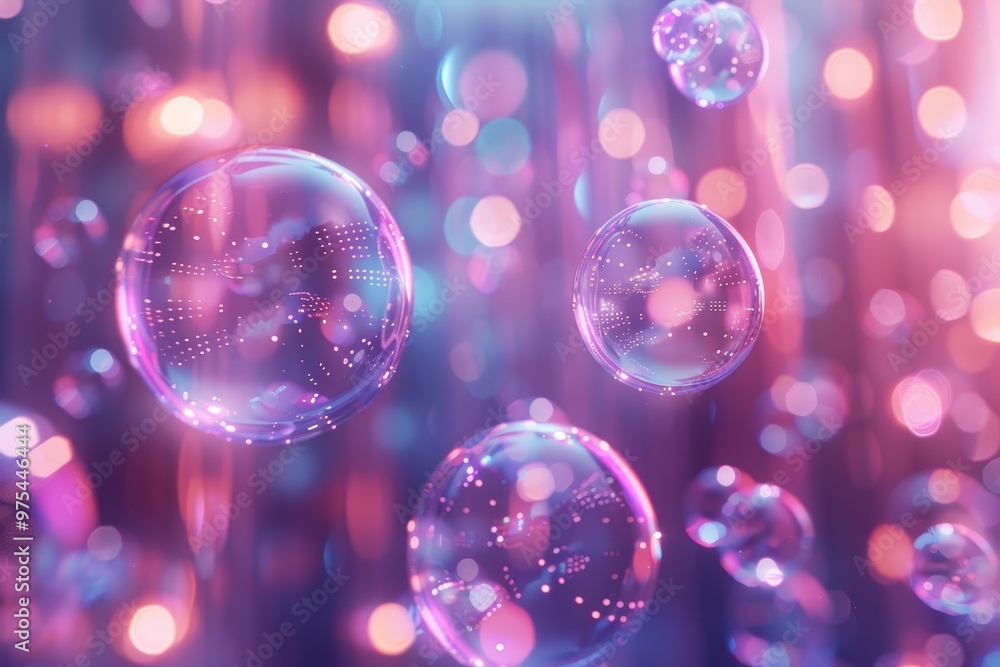 Poster abstract background with floating iridescent bubbles and blurred lights.