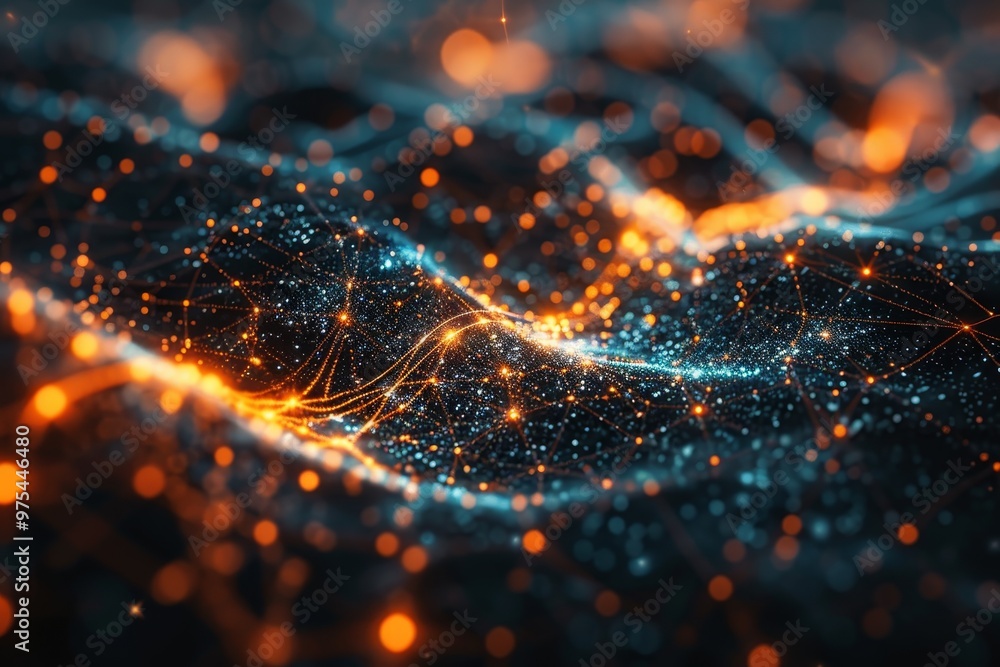 Poster abstract background with glowing particles and lines, forming a dynamic wave pattern.