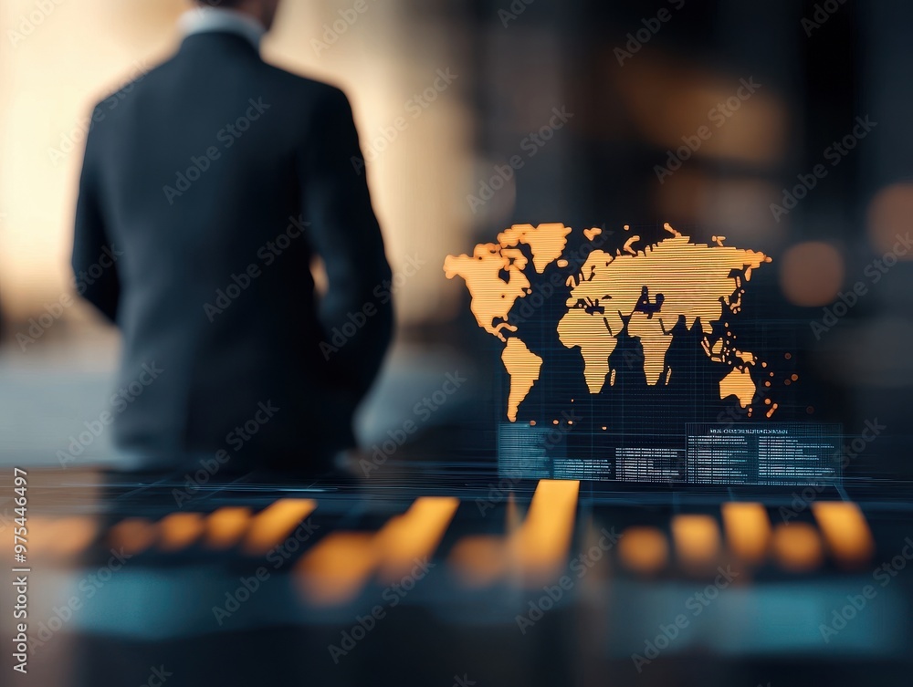 Poster a business professional analyzing global data with a dynamic world map in the background, showcasing