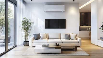 Fototapeta premium Contemporary living room with a wall-mounted AC splitter for precise cooling across different zones.
