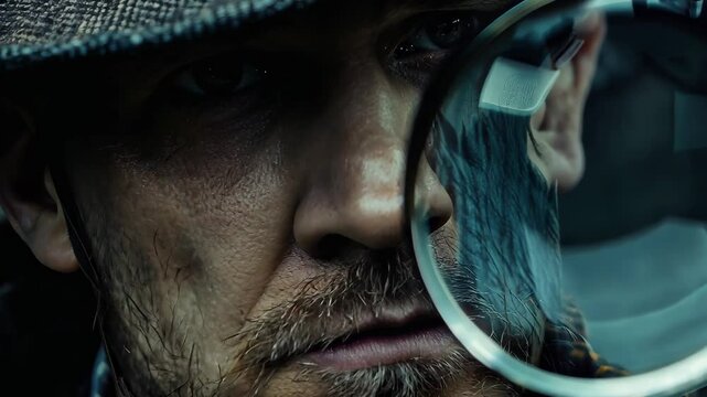 A close-up of a rugged man with an intense expression, illuminated by dramatic light. He wears a vintage hat and collared coat, holding a magnifying glass, embodying mystery and curiosity.