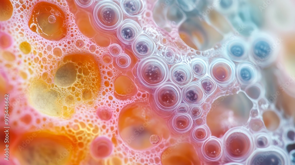 Poster colorful soap bubbles in close-up, abstract pattern. vibrant texture and creativity concept