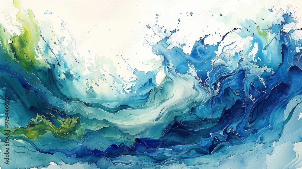 Poster abstract blue and green paint splashes create a dynamic and energetic wave-like pattern.