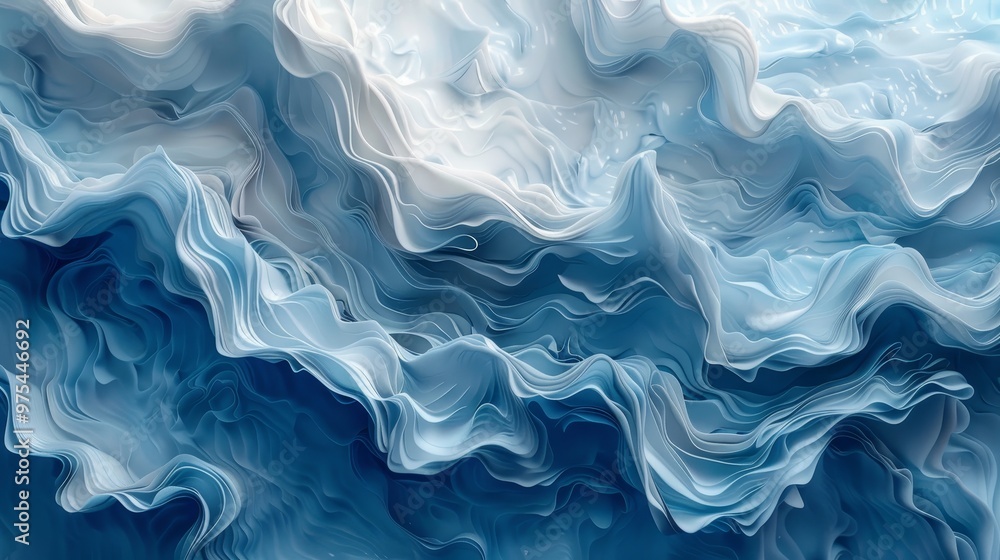 Poster abstract blue and white waves, flowing and swirling in a dynamic pattern.