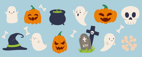 Fun Halloween vector illustration set with cute ghosts, pumpkins, skulls, bones, witch hats, and cauldrons. Perfect for party invitations, festive decor, spooky designs on blue background
