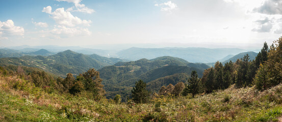 Panoramic view on mountains covered with forest during summer