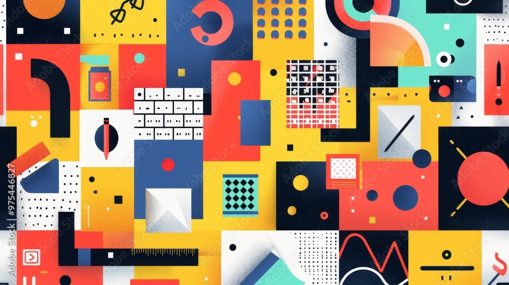 Poster abstract colorful geometric seamless pattern with squares, circles, lines and other shapes. perfect 