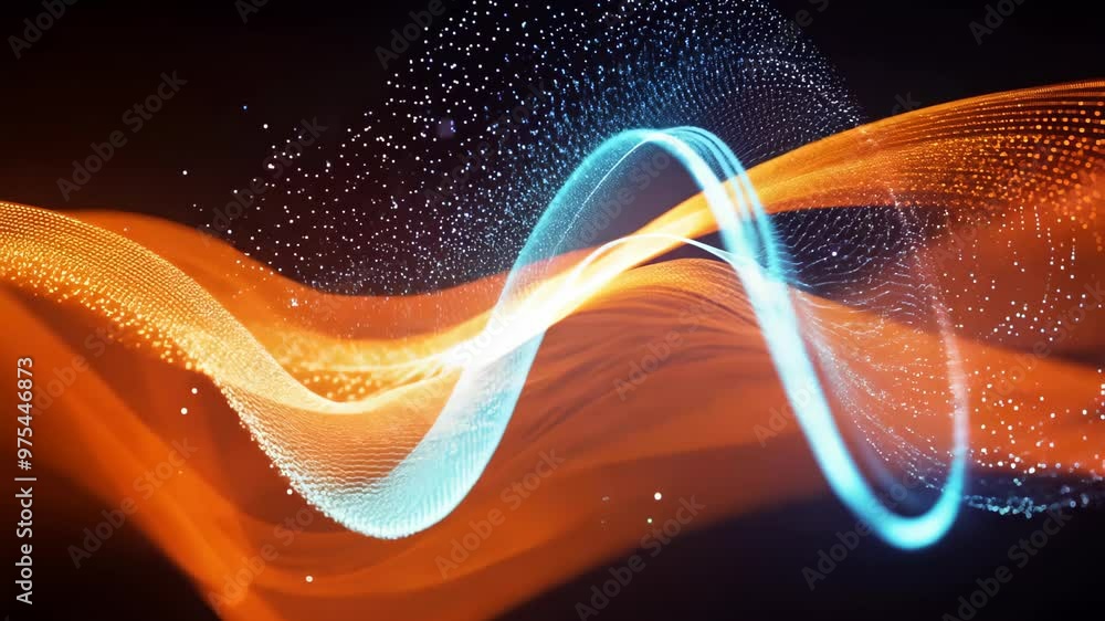 Poster abstract visual showcases dynamic curves and vibrant orange and blue hues. flowing lines create moti
