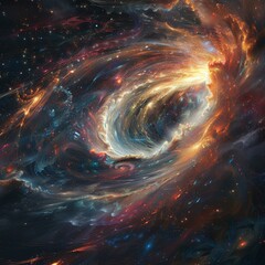 Abstract cosmic background with swirling nebula, stars, and celestial glow.