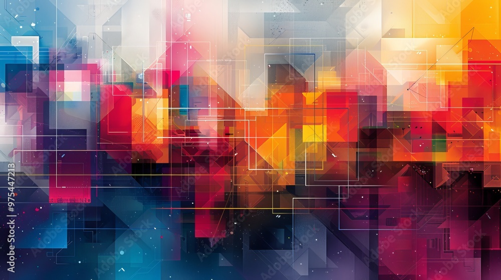 Poster abstract digital art with vibrant colors and geometric shapes, creating a dynamic and modern visual.