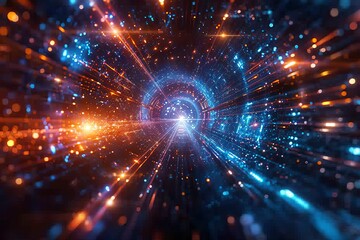 Fototapeta premium Abstract digital art with vibrant blue and orange lights and glowing particles.