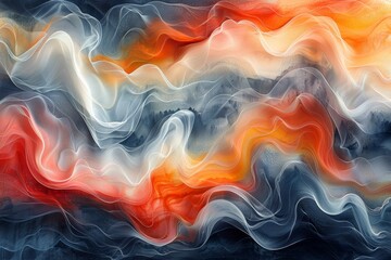 Obraz premium Abstract digital painting with swirling, flowing colors in red, orange, white, blue, and black.