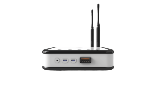 Wi-Fi internet router device with antenna object isolated on transparent background, cut out png