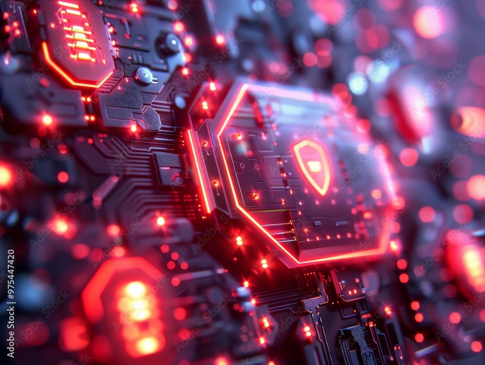Poster abstract futuristic circuit board with glowing red lights and a shield symbol. cybersecurity, data p