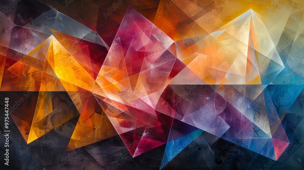 Poster abstract geometric art with vibrant colors and overlapping triangular shapes.