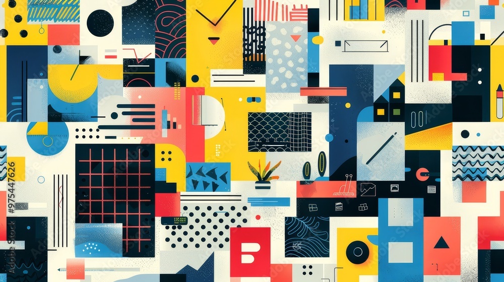 Poster abstract geometric pattern with vibrant colors and playful shapes. perfect for modern design project