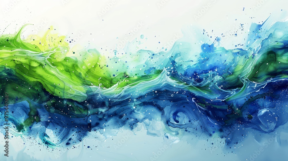 Poster abstract green and blue paint splatters on a white background, creating a dynamic and artistic compo