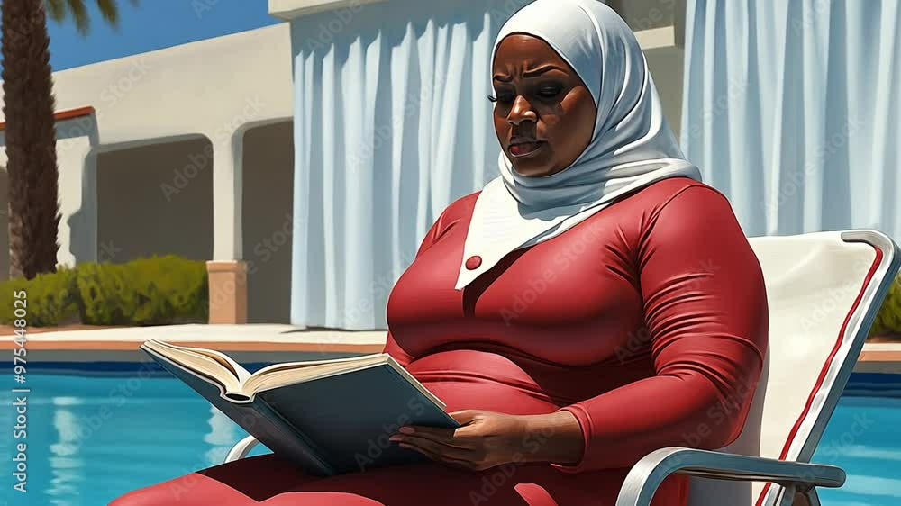 Poster relaxing by the pool while reading a book during a sunny day generative ai