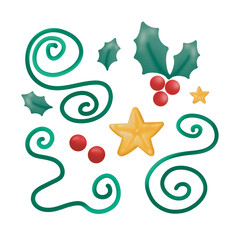 Set of cute watercolor green and red sign for Christmas celebration holly berry cherry and star