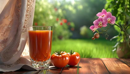 This image captures the essence of a sunny garden morning with a glass of freshly squeezed tomato juice, bathed in warm light. Three plump tomatoes, some playfully upside down and others leaning sidew