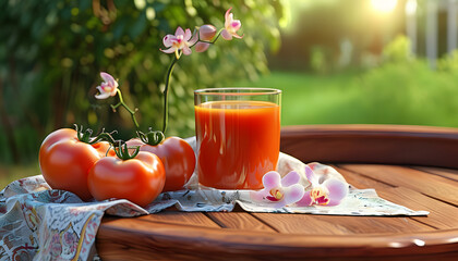 This image captures the essence of a sunny garden morning with a glass of freshly squeezed tomato juice, bathed in warm light. Three plump tomatoes, some playfully upside down and others leaning sidew