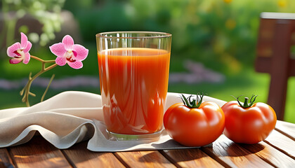 This image captures the essence of a sunny garden morning with a glass of freshly squeezed tomato juice, bathed in warm light. Three plump tomatoes, some playfully upside down and others leaning sidew