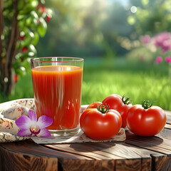 This image captures the essence of a sunny garden morning with a glass of freshly squeezed tomato juice, bathed in warm light. Three plump tomatoes, some playfully upside down and others leaning sidew