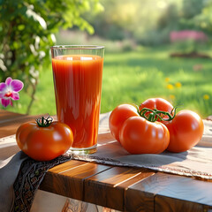 This image captures the essence of a sunny garden morning with a glass of freshly squeezed tomato juice, bathed in warm light. Three plump tomatoes, some playfully upside down and others leaning sidew